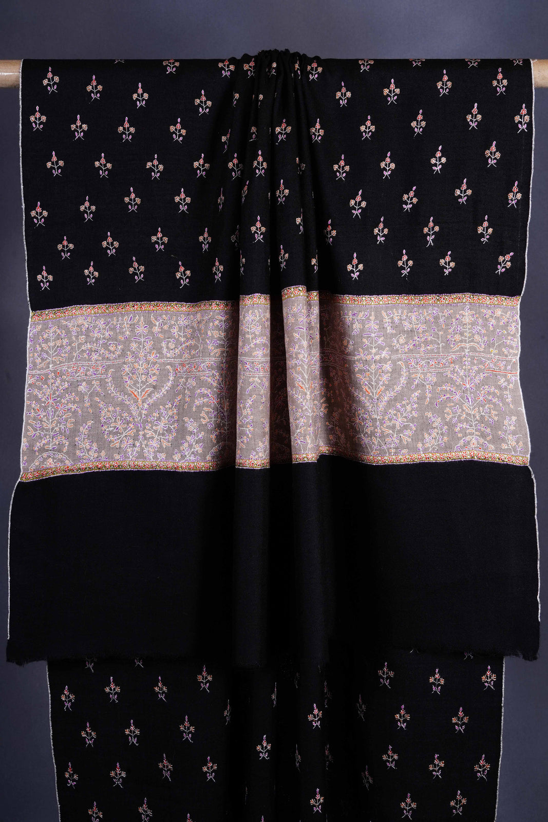 Black with Natural Border Embroidery Pashmina Cashmere Shawl