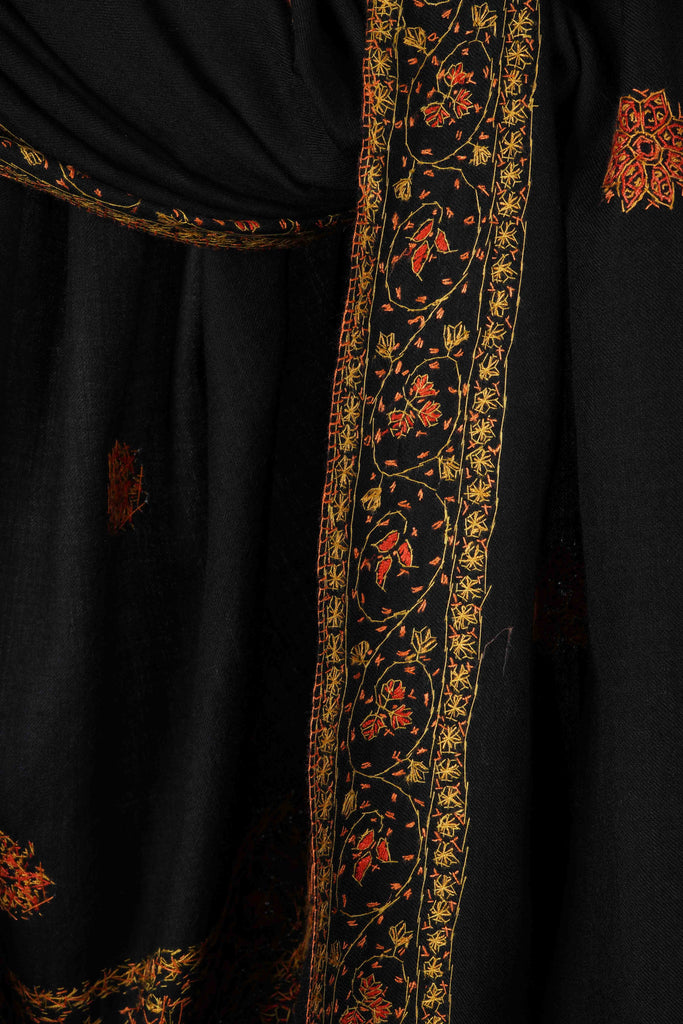 Black Buteh Motif Merino wool Embroidery Shawl