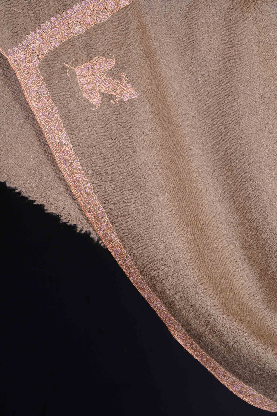 Beige Base Border Embroidery Cashmere Pashmina Scarf