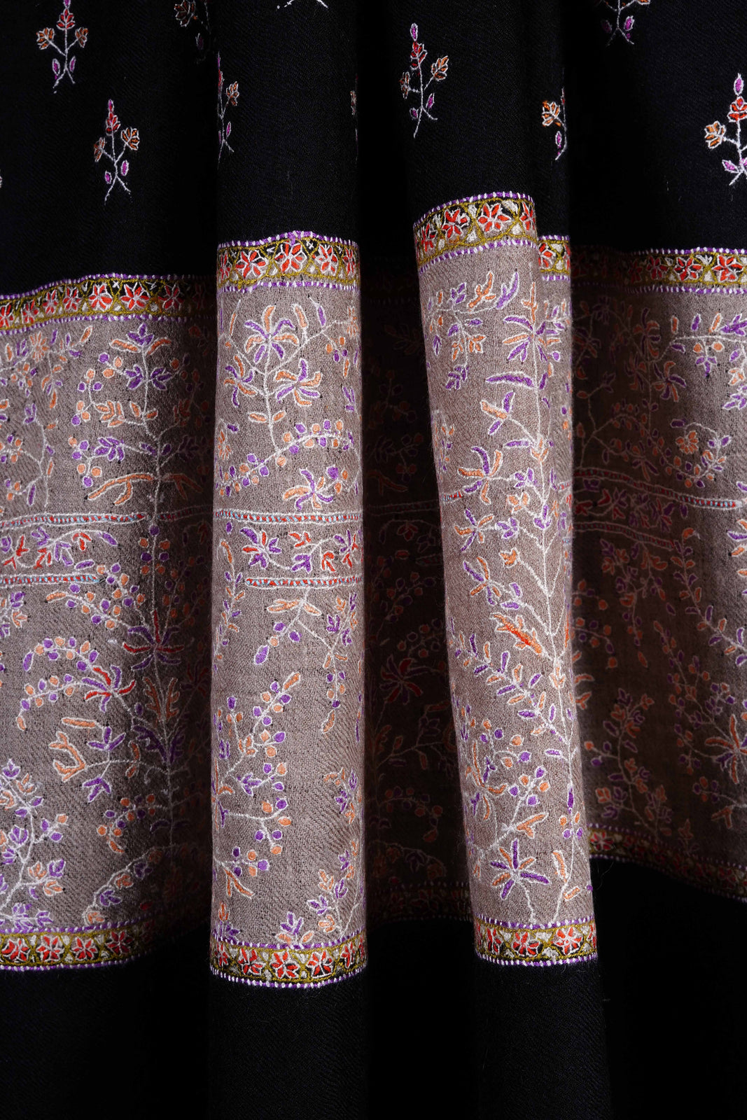 Black with Natural Border Embroidery Pashmina Cashmere Shawl