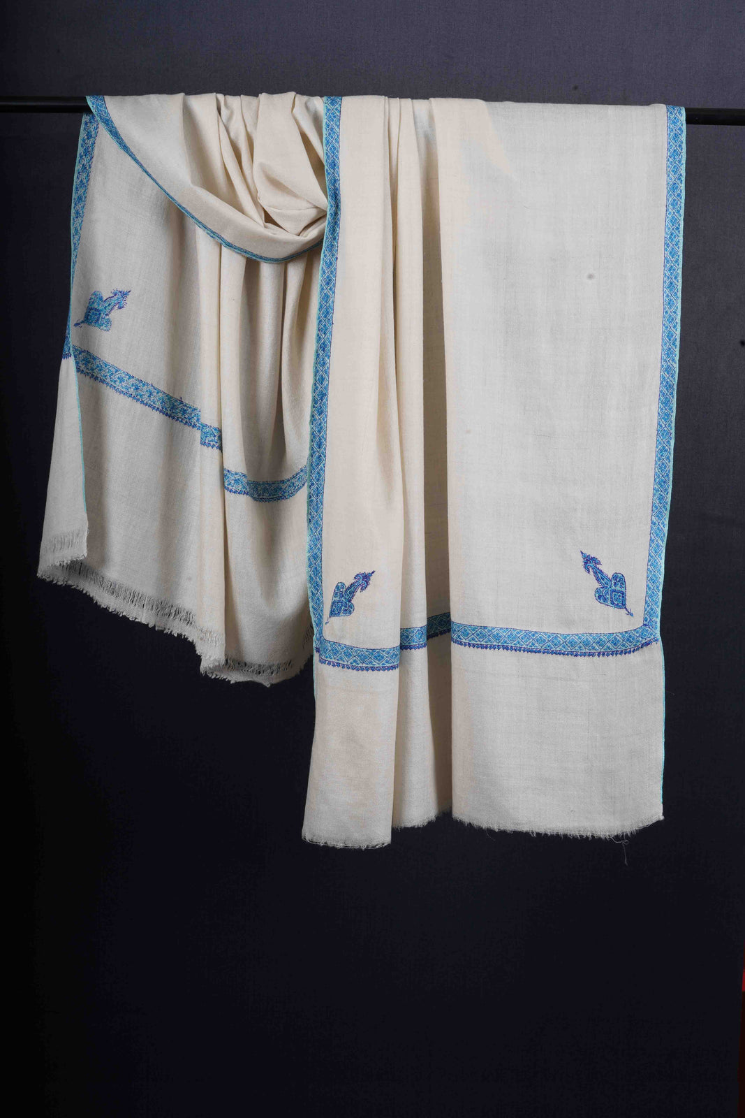 Ivory Base With Blue Border Embroidery Cashmere Pashmina Shawl