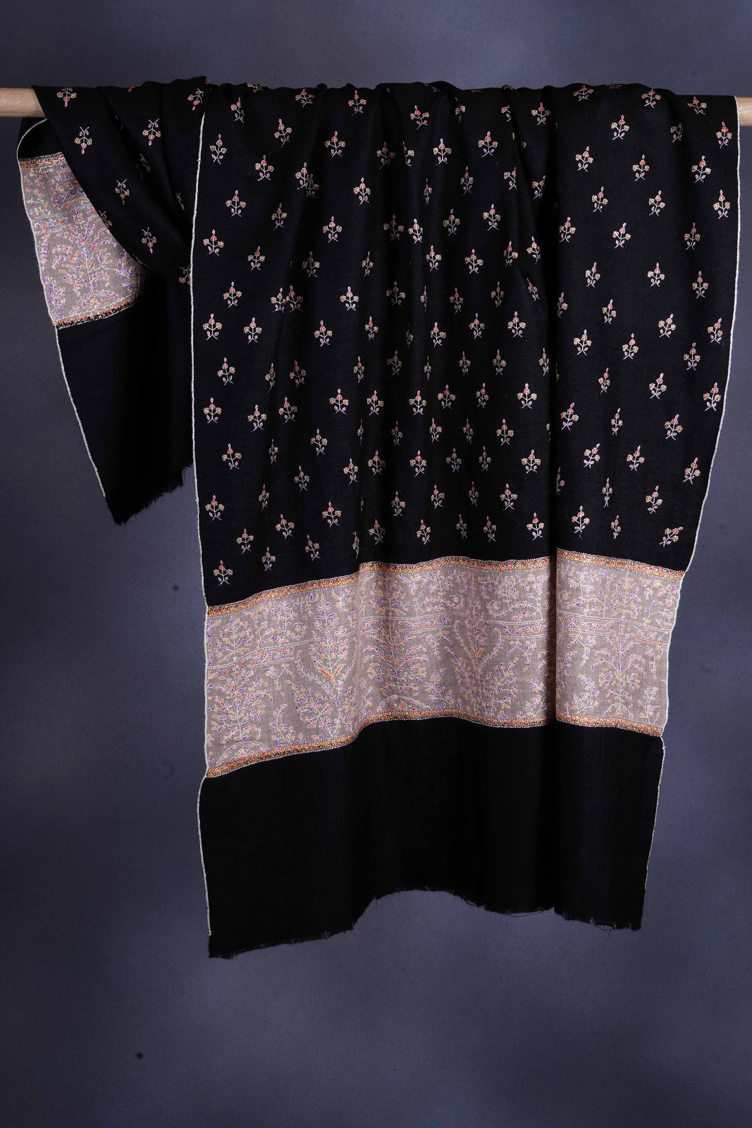 Black with Natural Border Embroidery Pashmina Cashmere Shawl