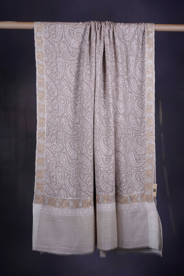 Natural Base With Sozni and Tilla Embroidery Pashmina Shawl