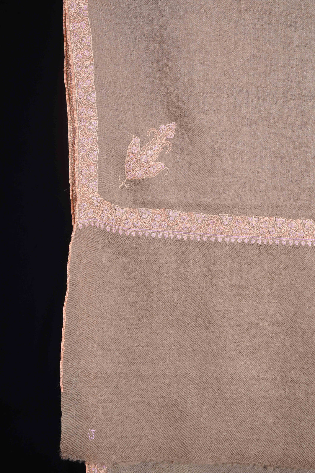 Beige Base Border Embroidery Cashmere Pashmina Scarf
