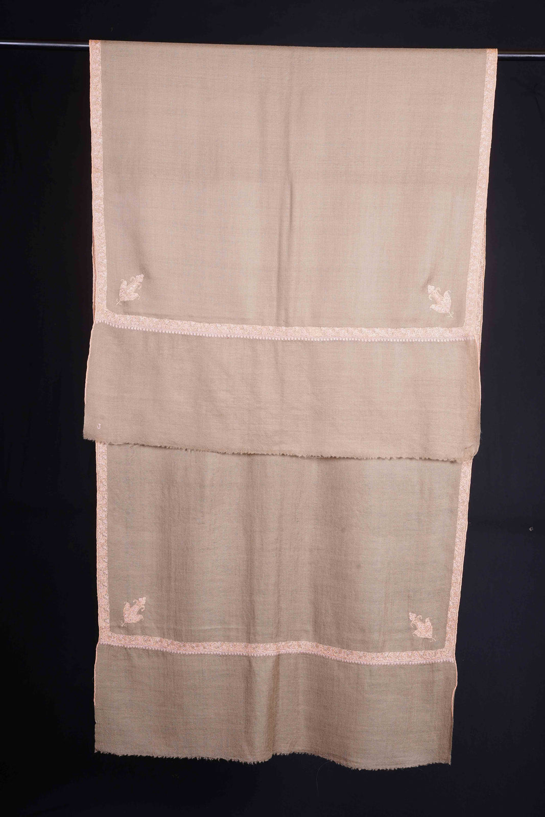 Beige Base Border Embroidery Cashmere Pashmina Scarf