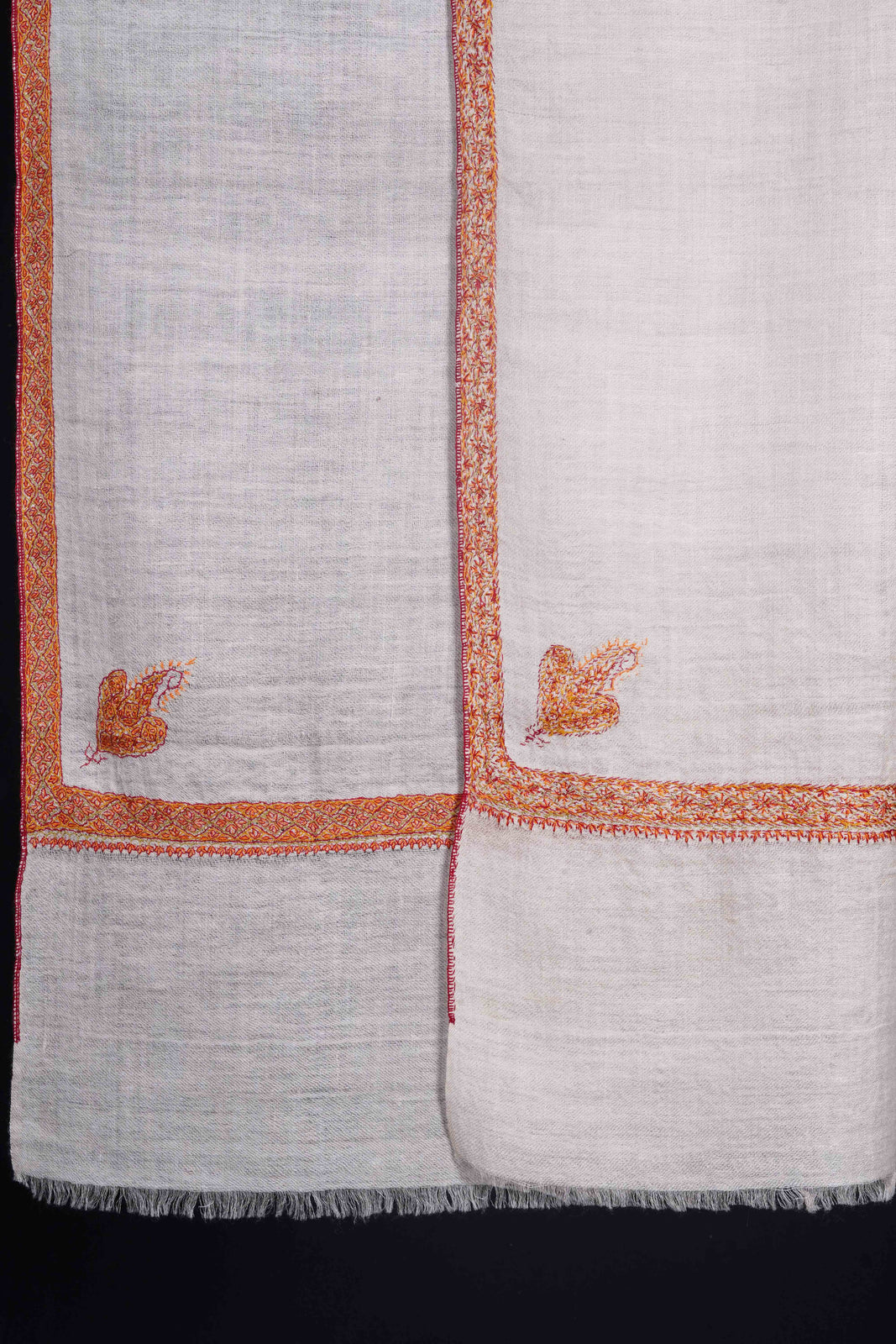 Ivory Base with Orange Border Embroidery Cashmere Pashmina Scarf
