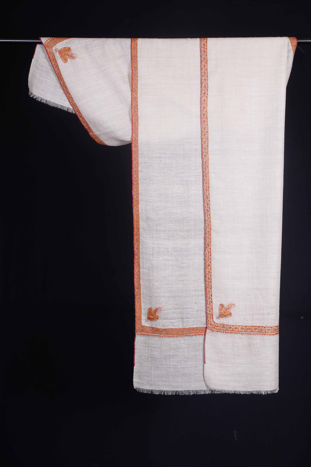 Ivory Base with Orange Border Embroidery Cashmere Pashmina Scarf