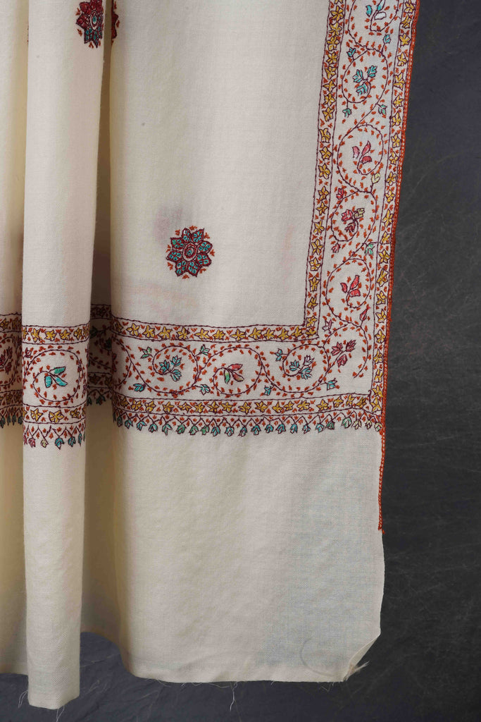 Ivory Base Buteh Motif Merino Embroidery Shawl
