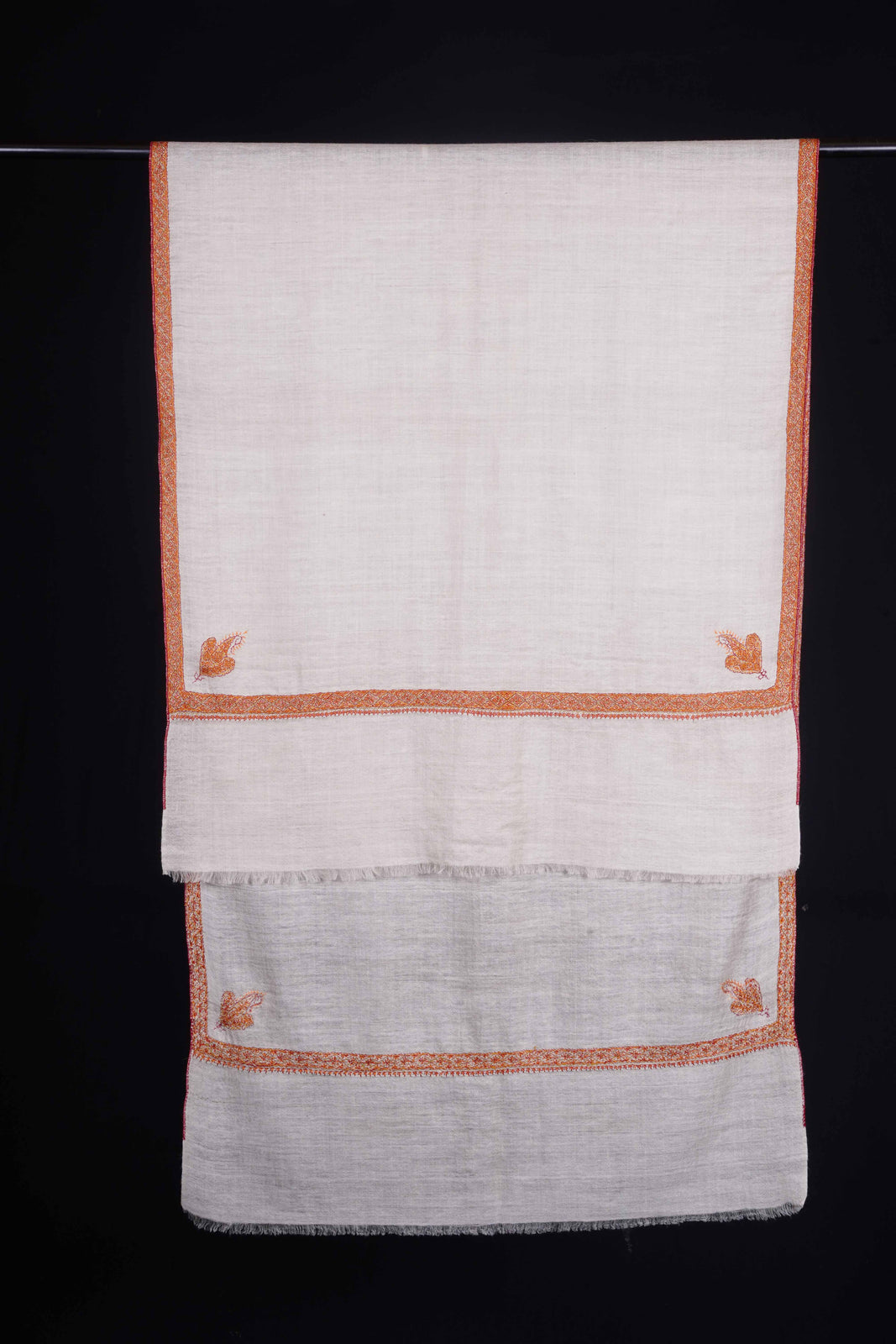 Ivory Base with Orange Border Embroidery Cashmere Pashmina Scarf