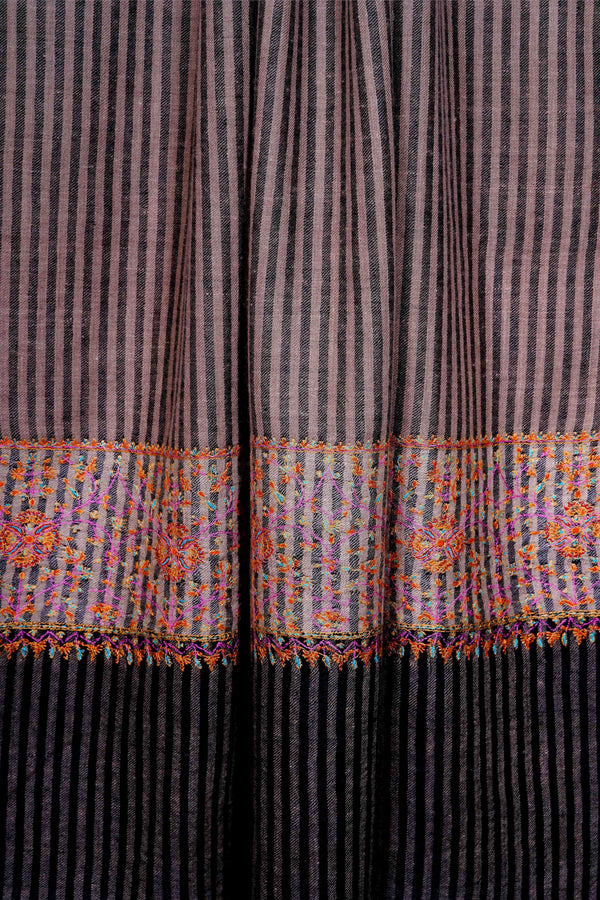 Black & Natural Stripe Embroidery Cashmere Pashmina Shawl
