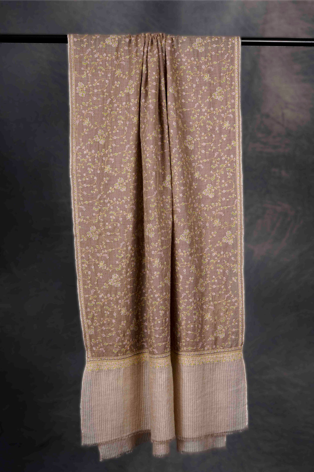 Natural Color Striped Border With Jali Embroidery Cashmere Pashmina Scarf