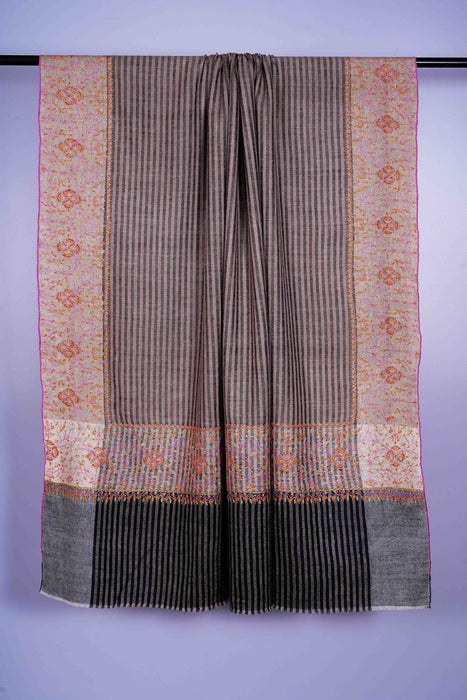 Black & Natural Stripe Embroidery Cashmere Pashmina Shawl