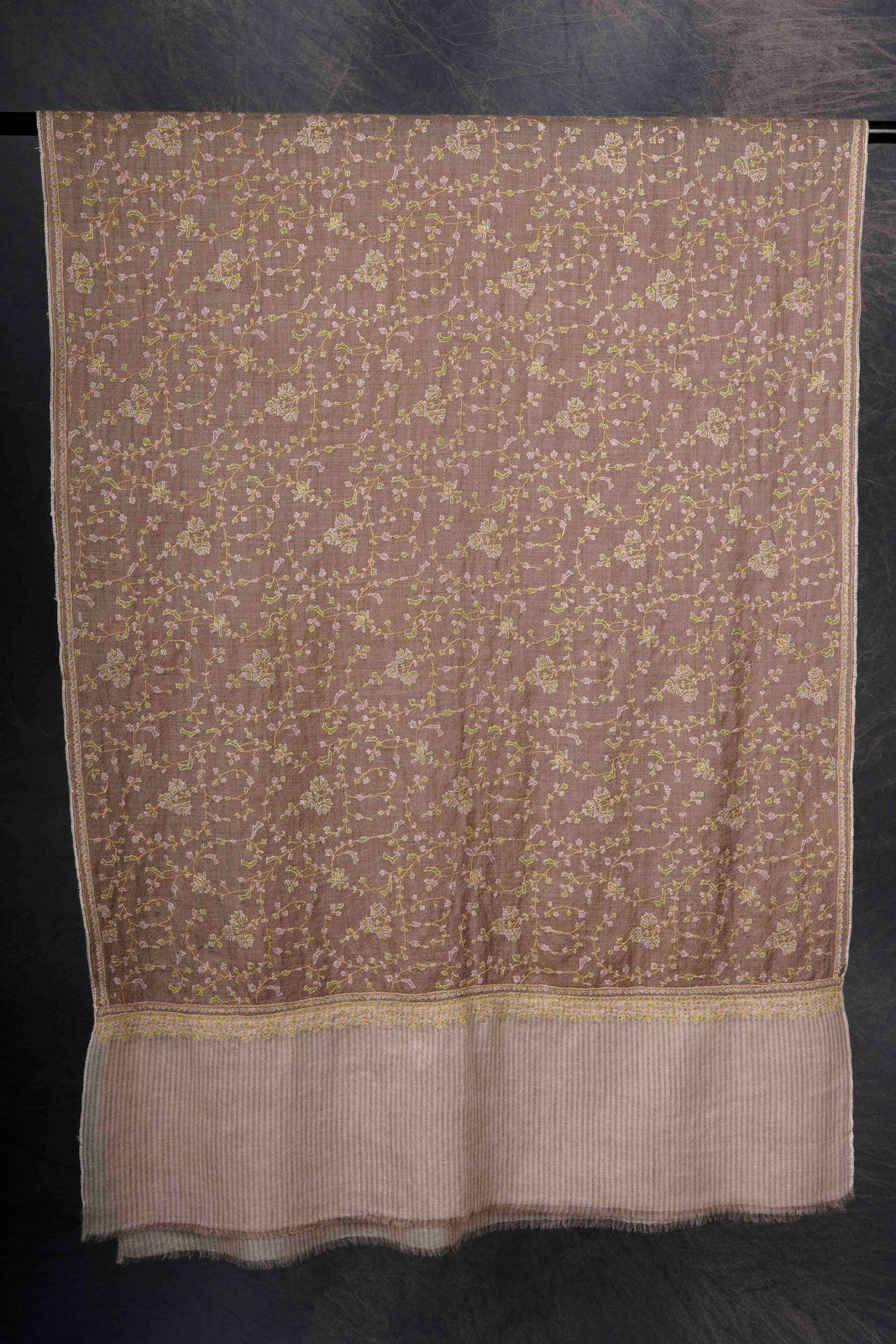 Natural Color Striped Border With Jali Embroidery Cashmere Pashmina Scarf