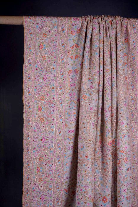 3 Yard Ivory Base with Tilla and Multicolor Embroidery Pashmina Shawl