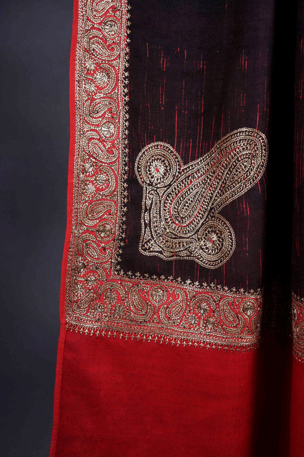 Maroon shade Red border Tilla Embroidery Pashmina Shawl