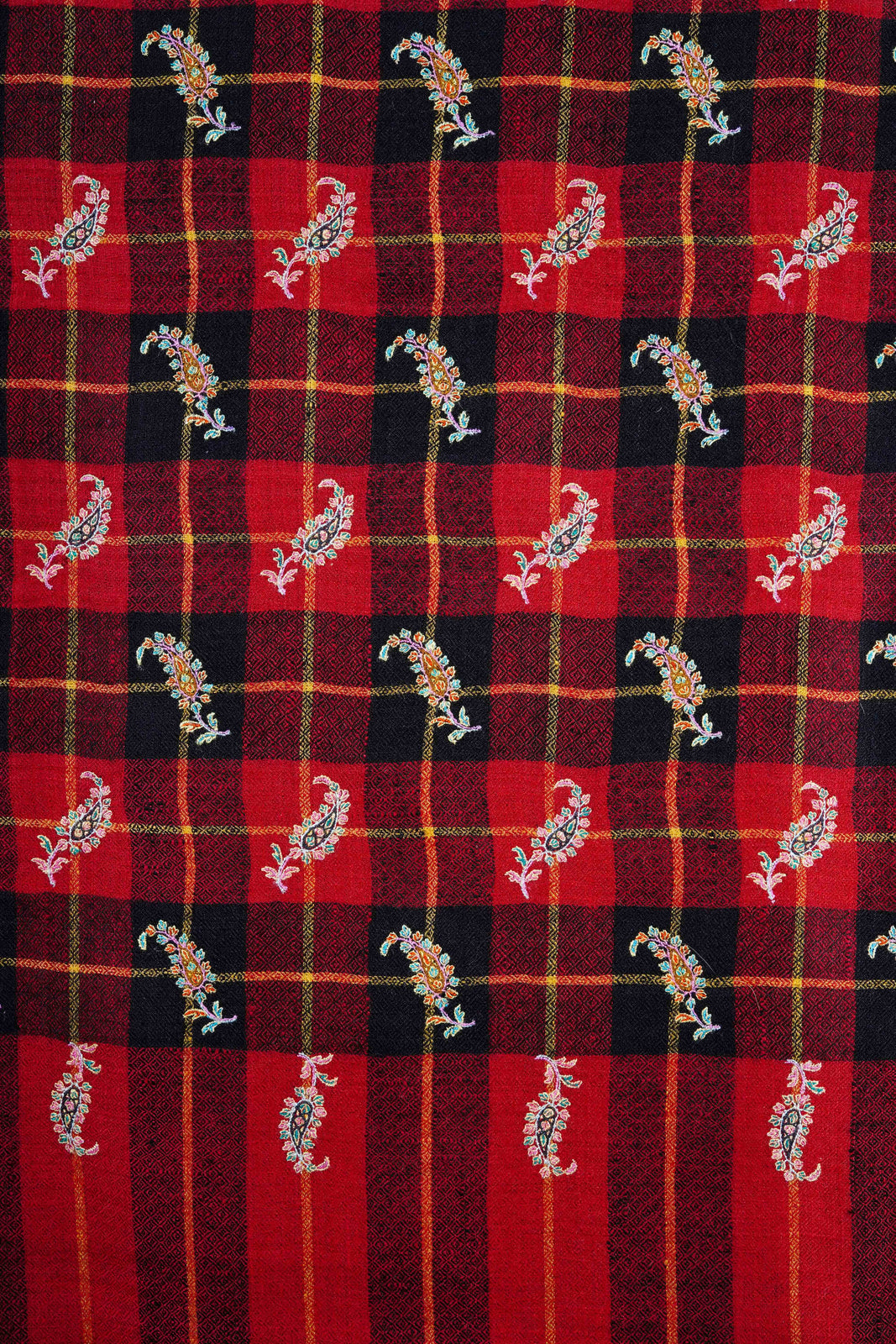Red Check Embroidery Pashmina Cashmere Shawl