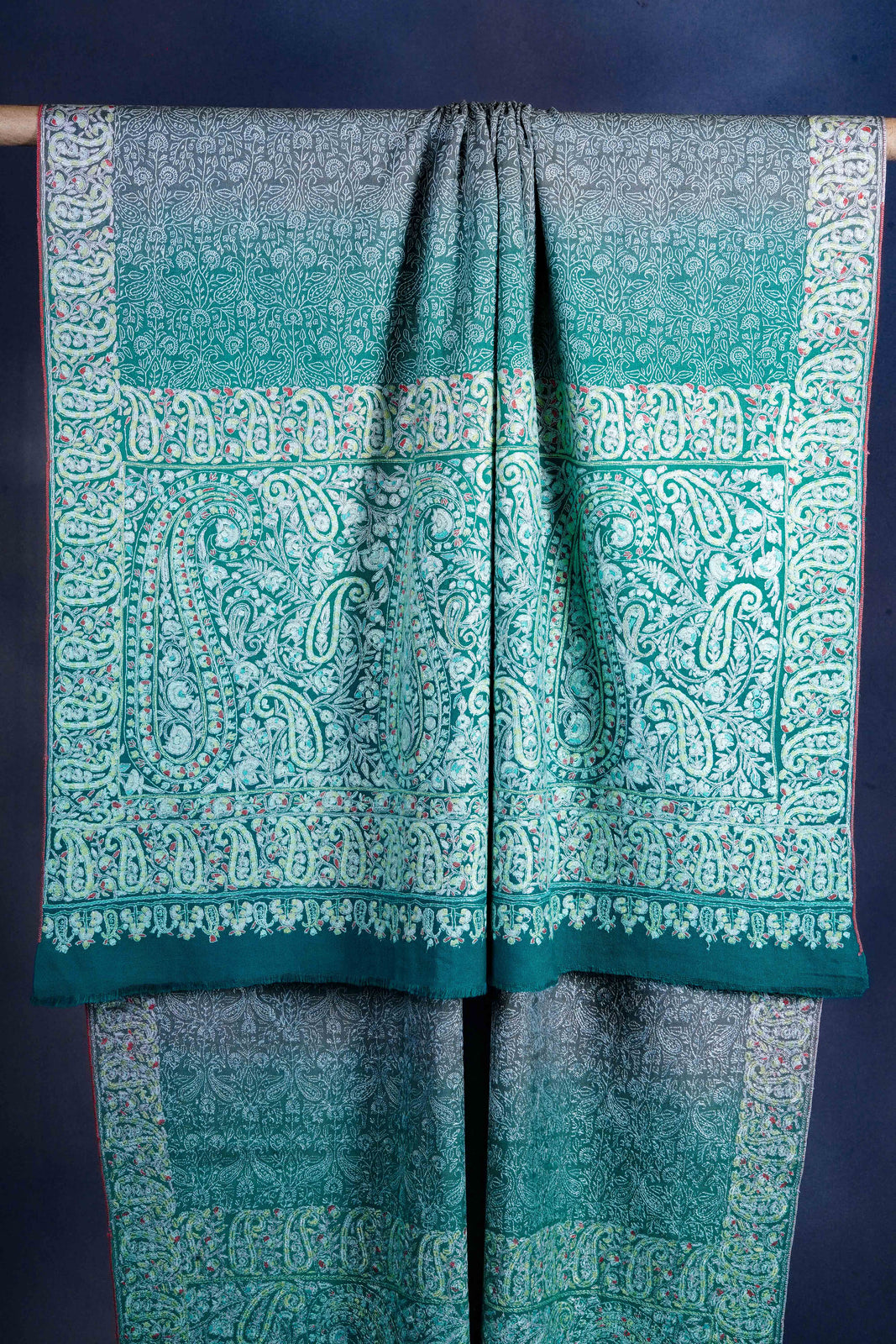Teal Green Jamawar Embroidery Pashmina Shawl