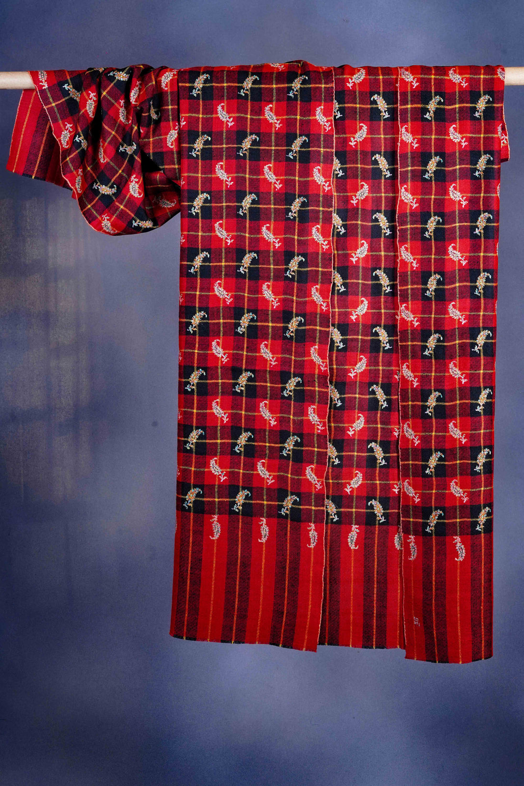 Red Check Embroidery Pashmina Cashmere Shawl