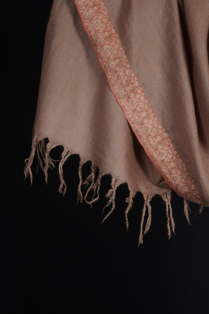 Beige Base with Mustard and Peach Border Embroidery Cashmere Pashmina Shawl