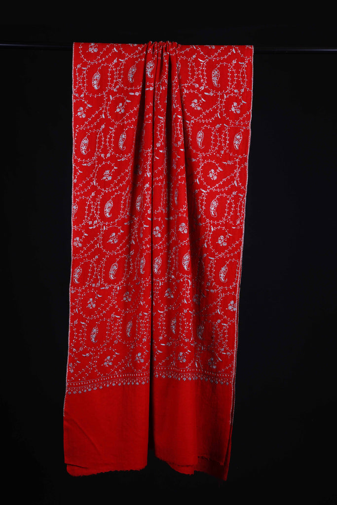 Red Jali Sozni Embroidery Merino Wool Stole