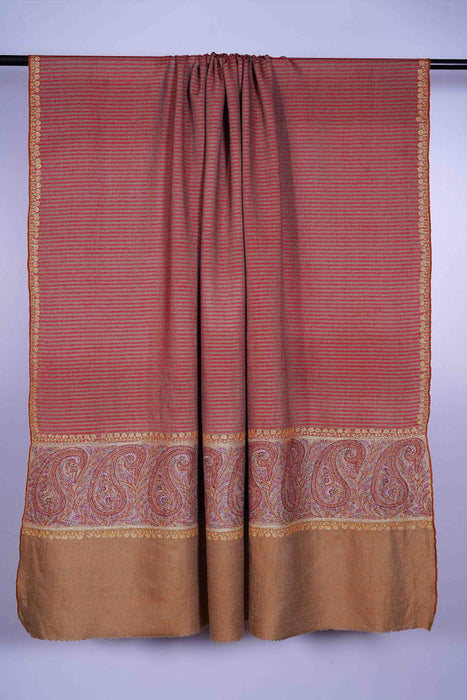 Red & Natural Stripe Embroidery Cashmere Pashmina Shawl