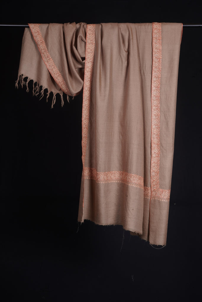 Beige Base with Mustard and Peach Border Embroidery Cashmere Pashmina Shawl