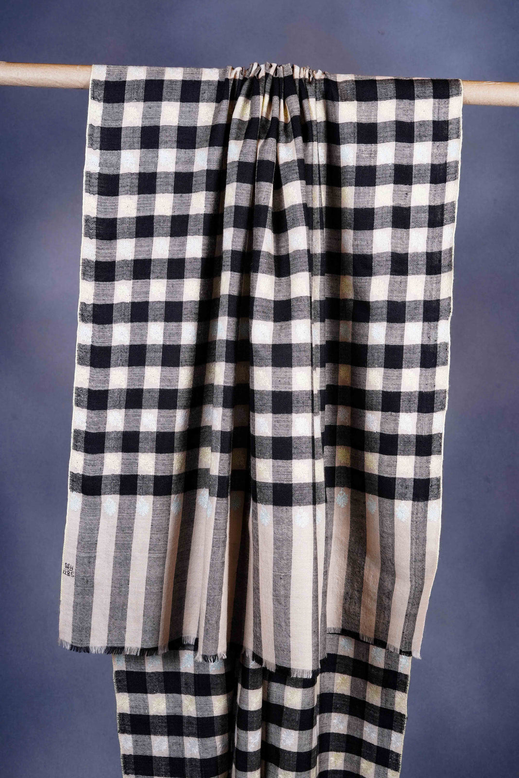 Black & Natural Check Butti-Dar Embroidery Pashmina Cashmere Shawl