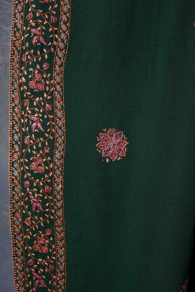 Dark Green Base Buteh Motif Border Merino wool Embroidery Shawl