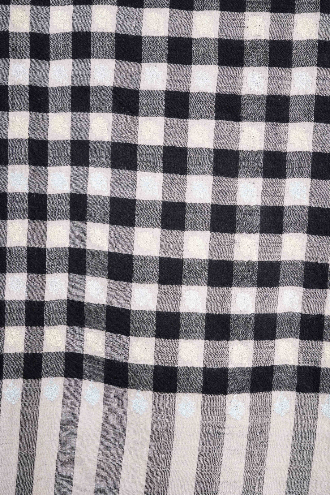Black & Natural Check Butti-Dar Embroidery Pashmina Cashmere Shawl