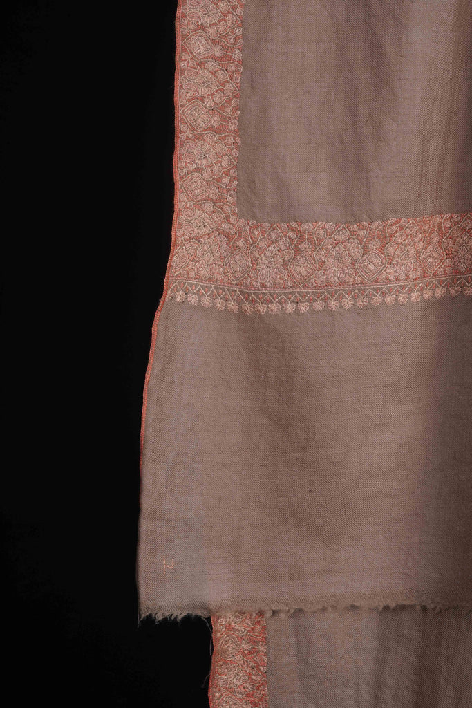Beige Base with Mustard and Peach Border Embroidery Cashmere Pashmina Shawl