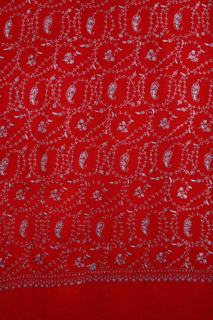 Red Jali Sozni Embroidery Merino Wool Stole