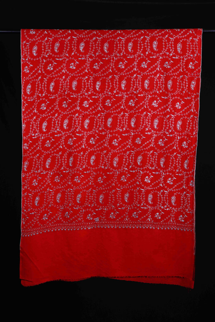 Red Jali Sozni Embroidery Merino Wool Stole