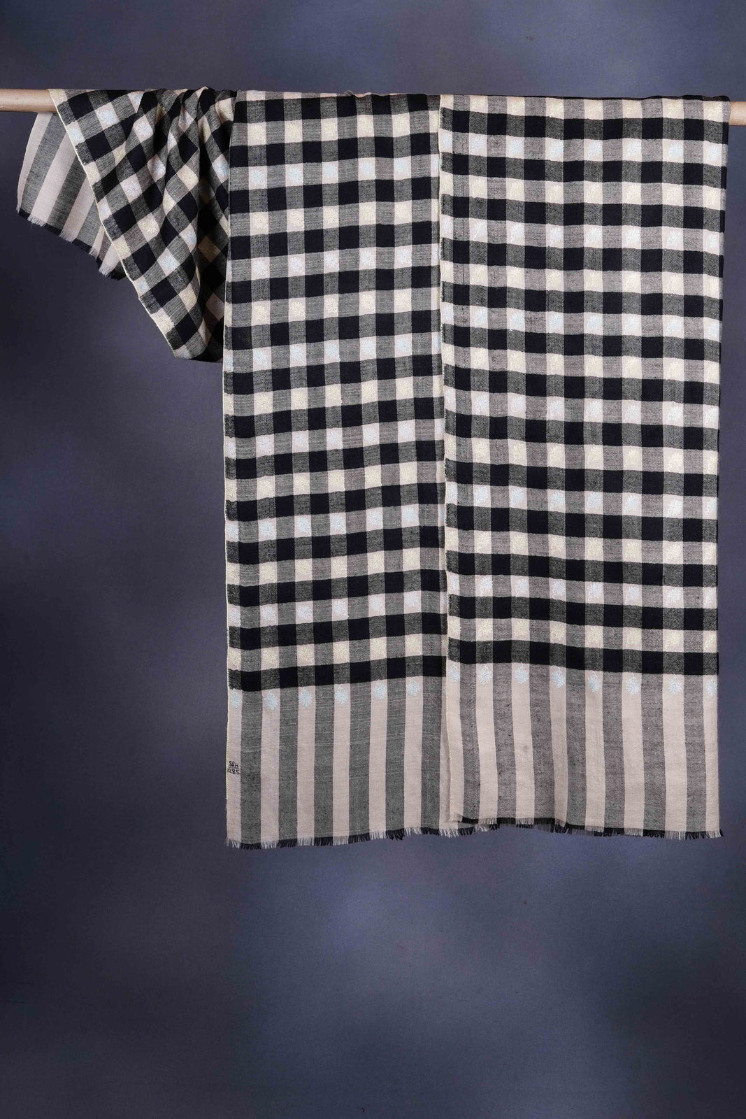 Black & Natural Check Butti-Dar Embroidery Pashmina Cashmere Shawl