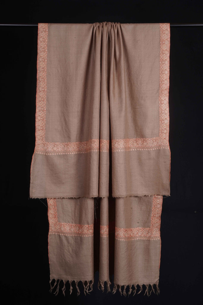 Beige Base with Mustard and Peach Border Embroidery Cashmere Pashmina Shawl