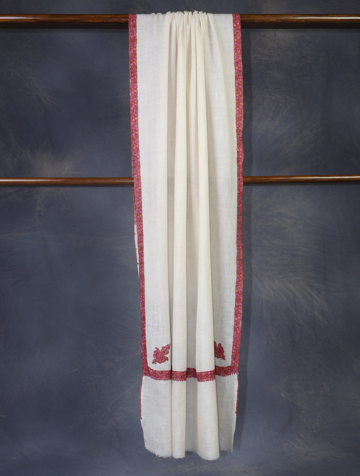 Ivory colour with Small Border Embroidery Cashmere Pashmina Scarf