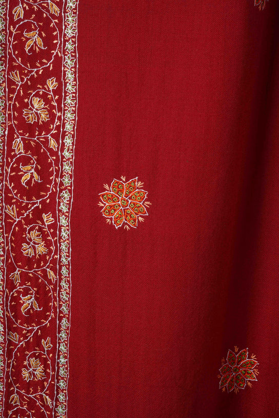 Dark Red Base Buteh Motif Border Merino wool Embroidery Shawl