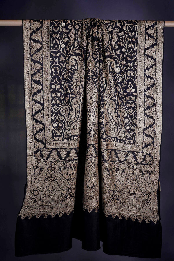 3 Yard Black Base with Tilla Embroidery Pashmina Shawl