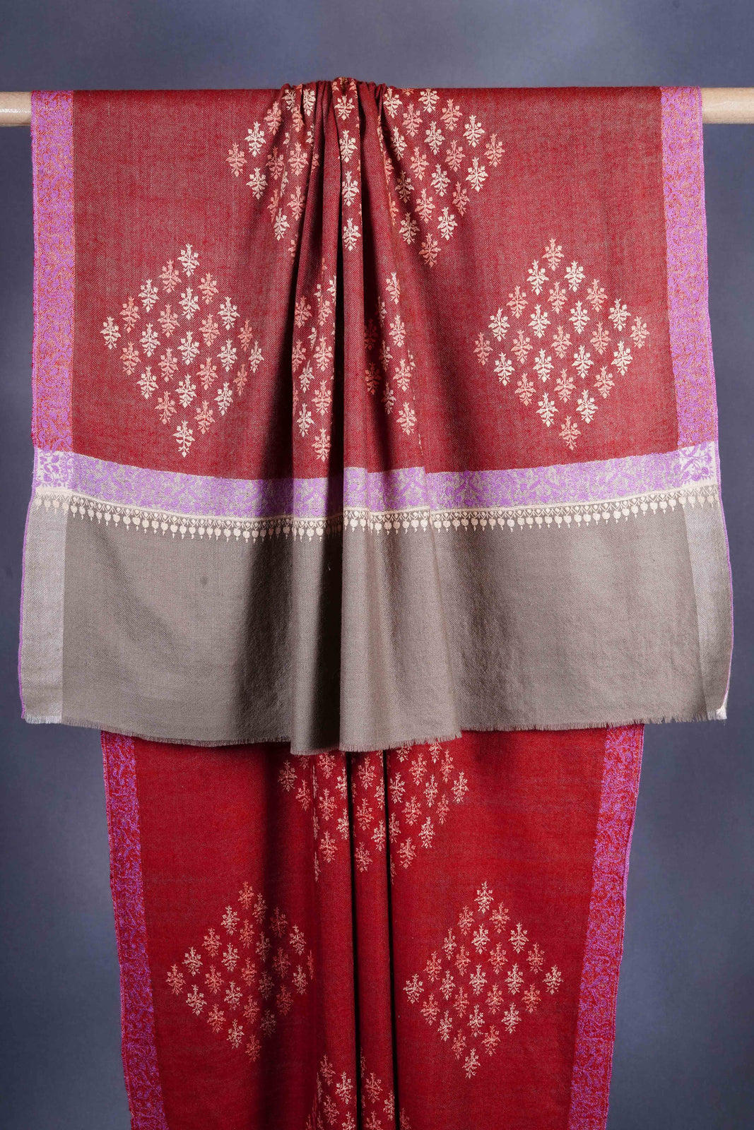 Brick Red Base reversible Buteh-dar Embroidery Pashmina Cashmere Shawl