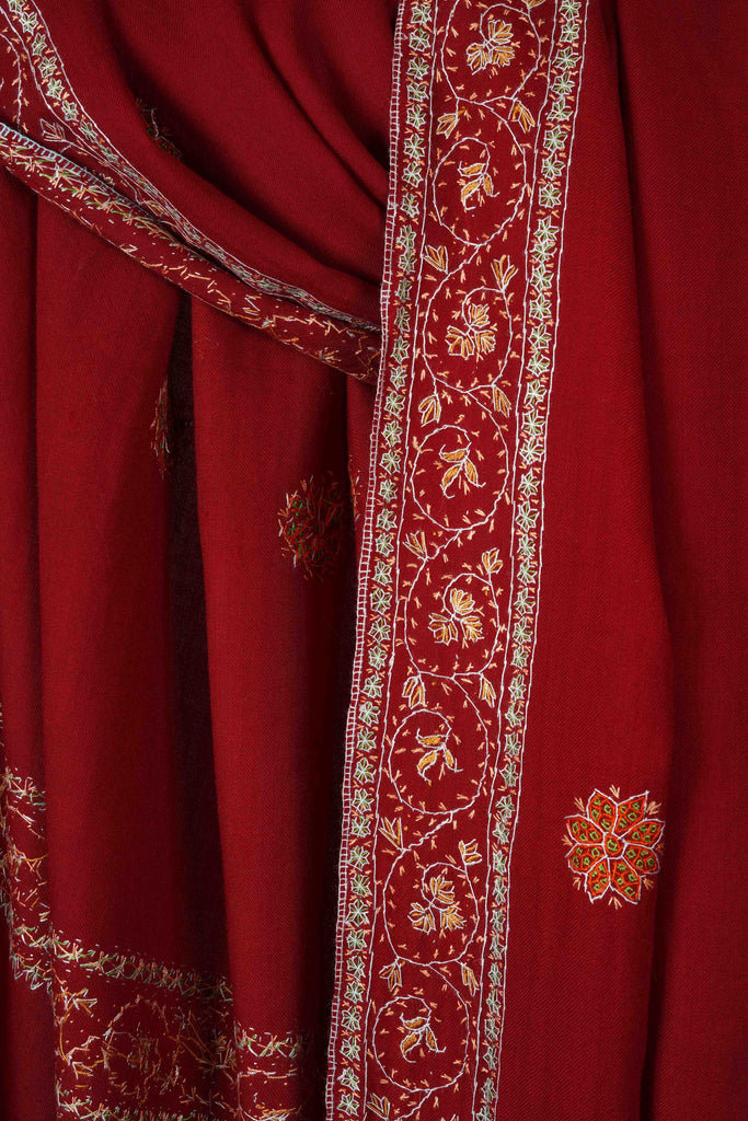 Dark Red Base Buteh Motif Border Merino wool Embroidery Shawl