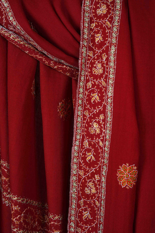 Dark Red Base Buteh Motif Border Merino wool Embroidery Shawl