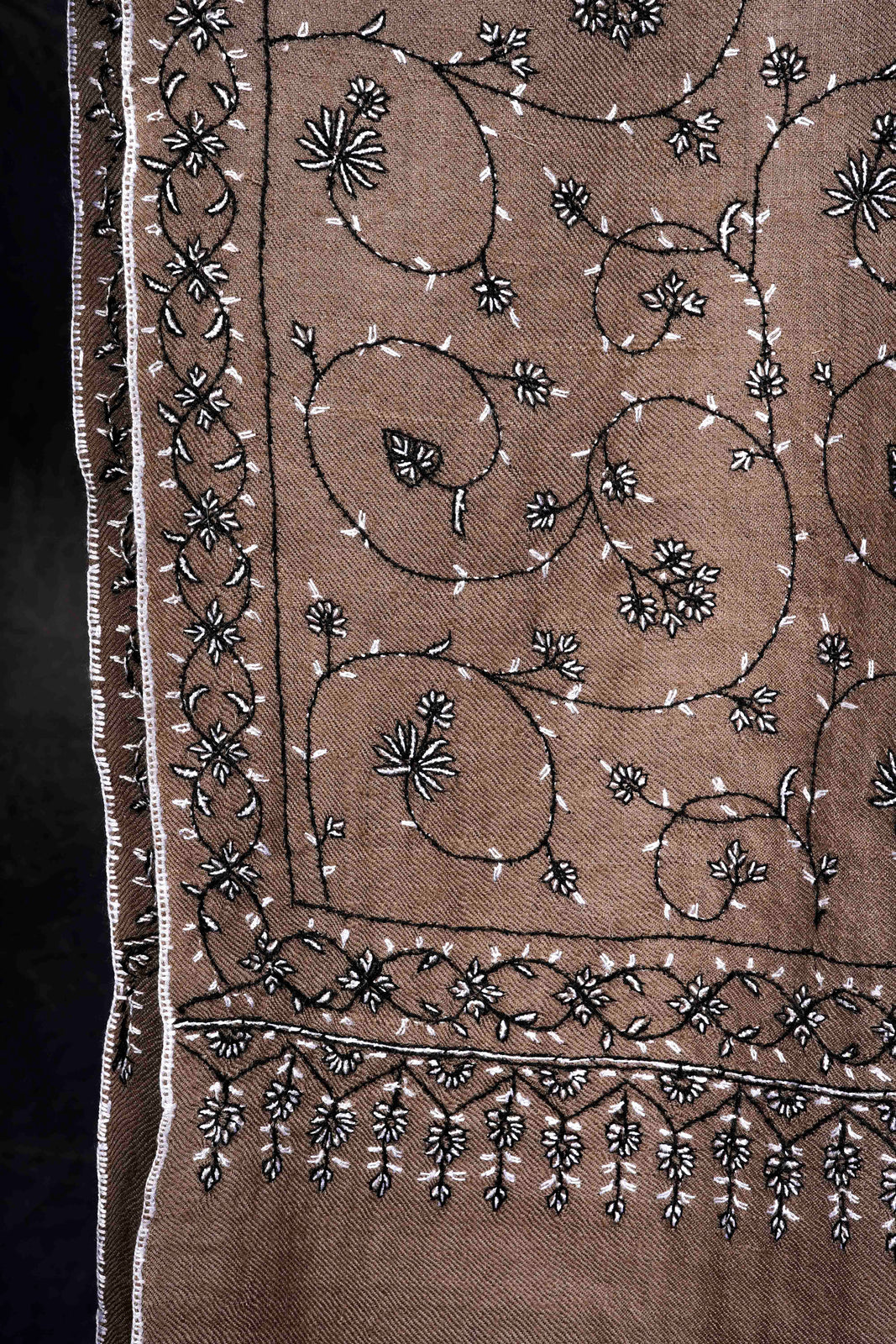 Natural Base Jali with black and white Embroidery Cashmere Pashmina Shawl