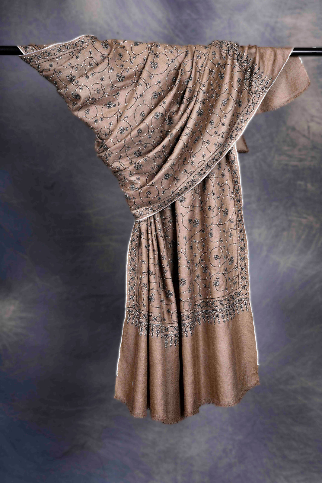 Natural Base Jali with black and white Embroidery Cashmere Pashmina Shawl