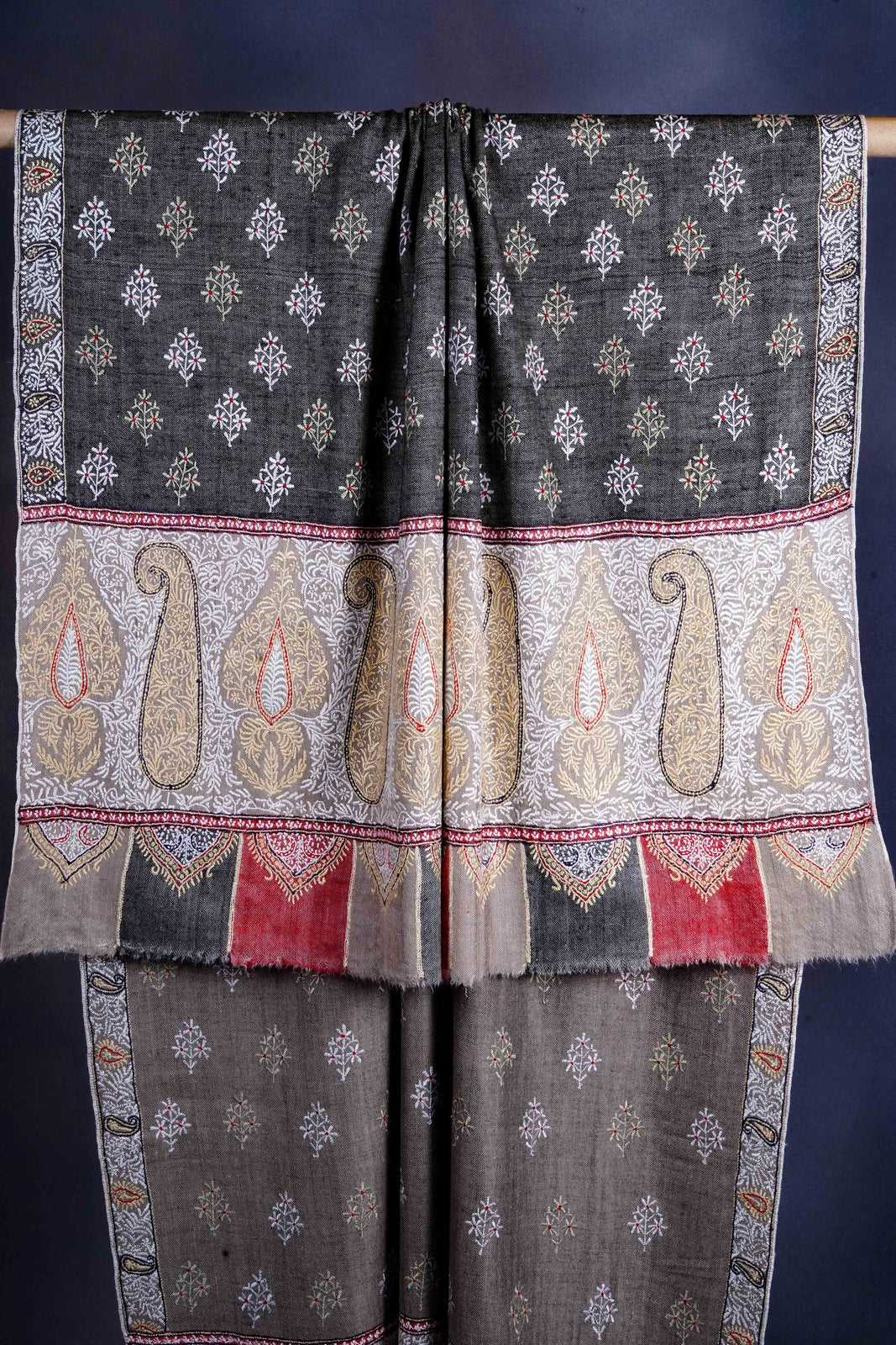 Boteh Motif Embroidery Black Reversible Cashmere Pashmina Shawl