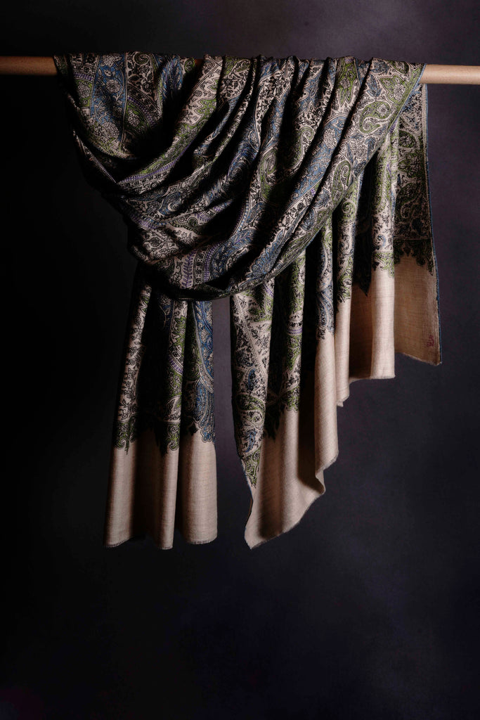 2.5 Yard Ivory Pashmina Jamawar Full Embroidery Shawl