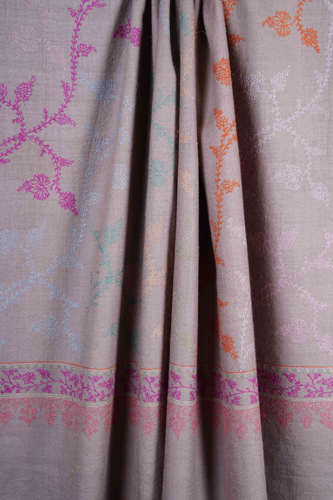 Un Dyed Taupe Jali Embroidery Pashmina Cashmere Shawl