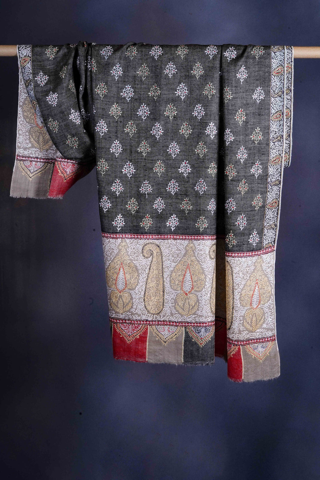 Boteh Motif Embroidery Black Reversible Cashmere Pashmina Shawl