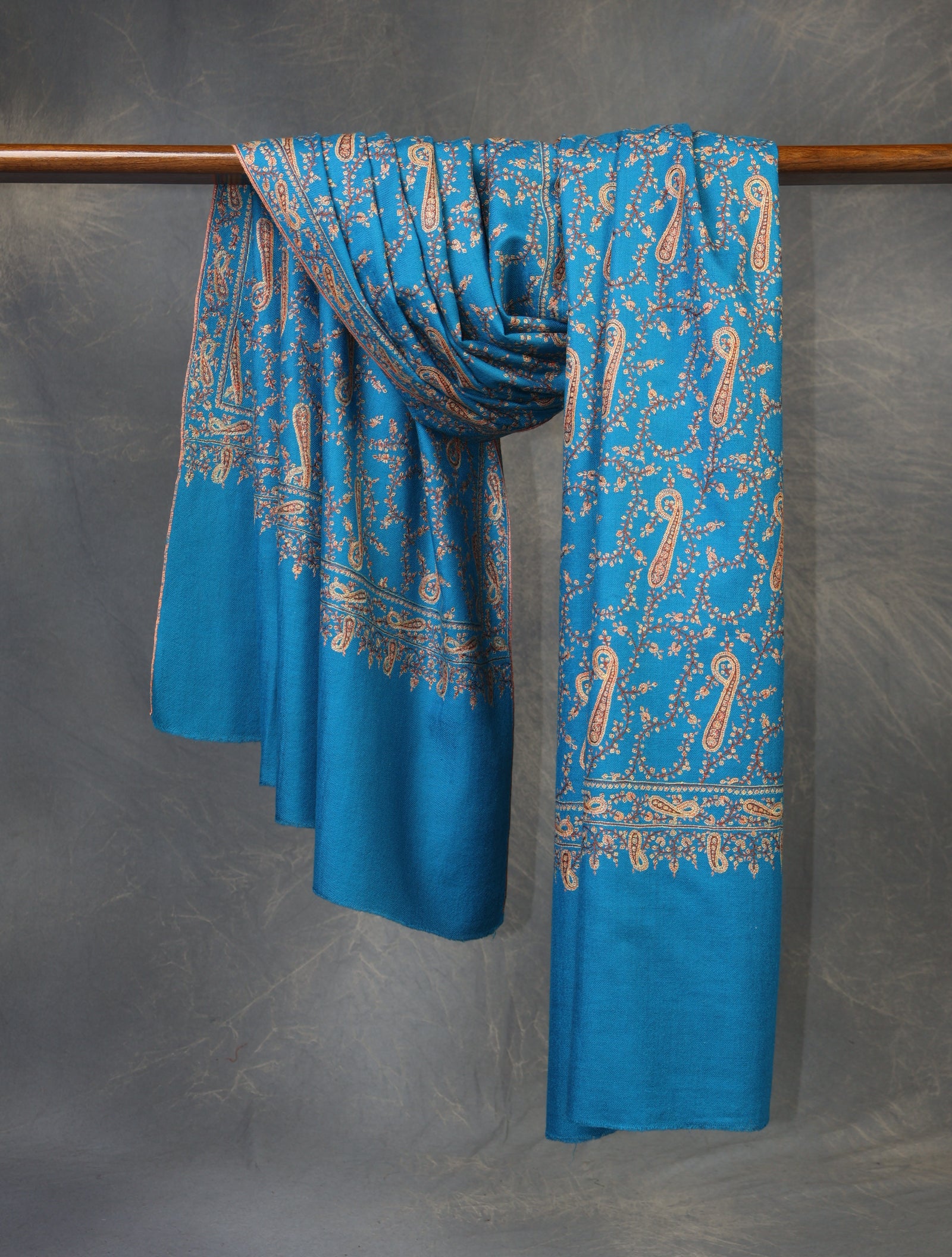 Dodger Blue Jali Embroidery Cashmere Pashmina Shawl