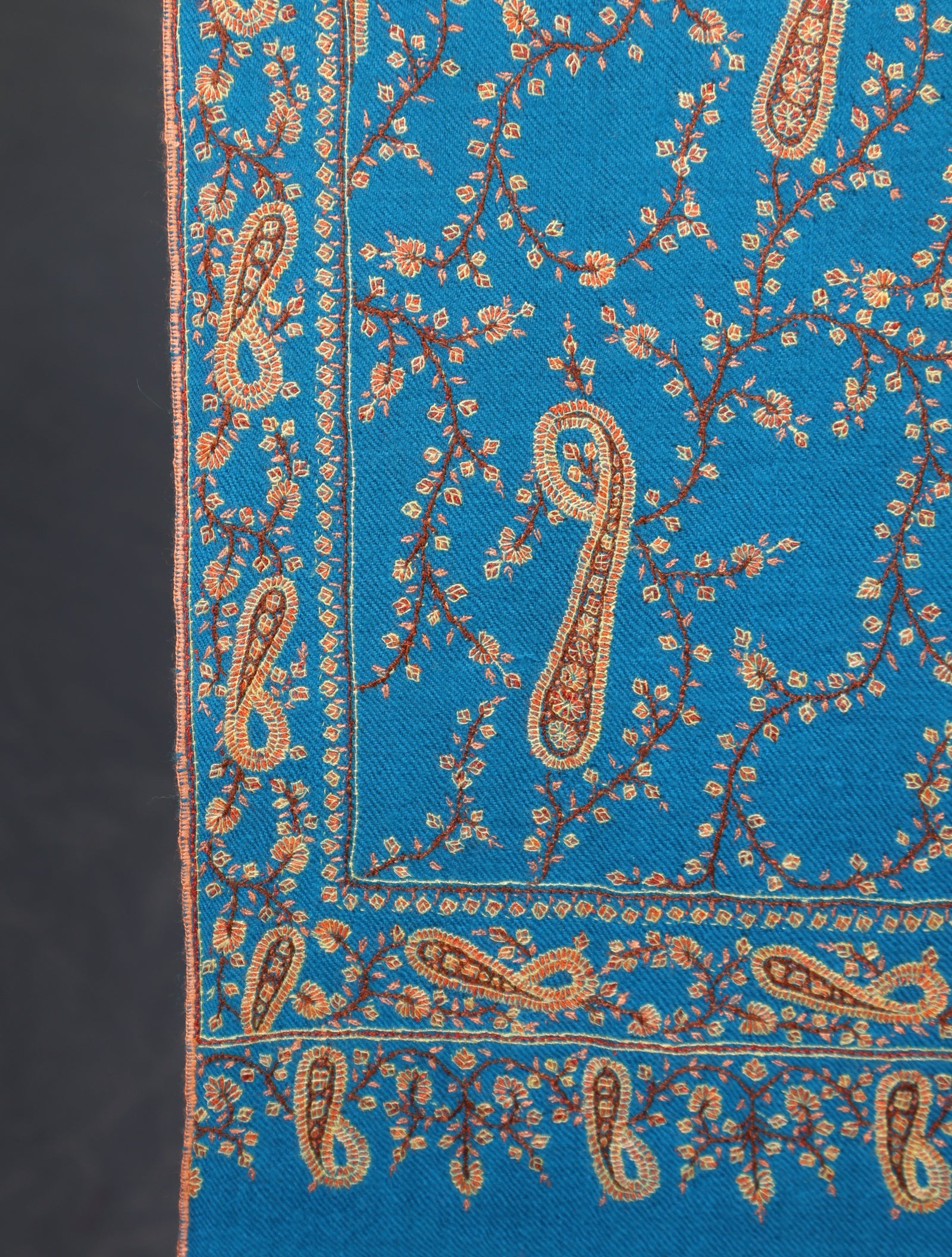 Dodger Blue Jali Embroidery Cashmere Pashmina Shawl