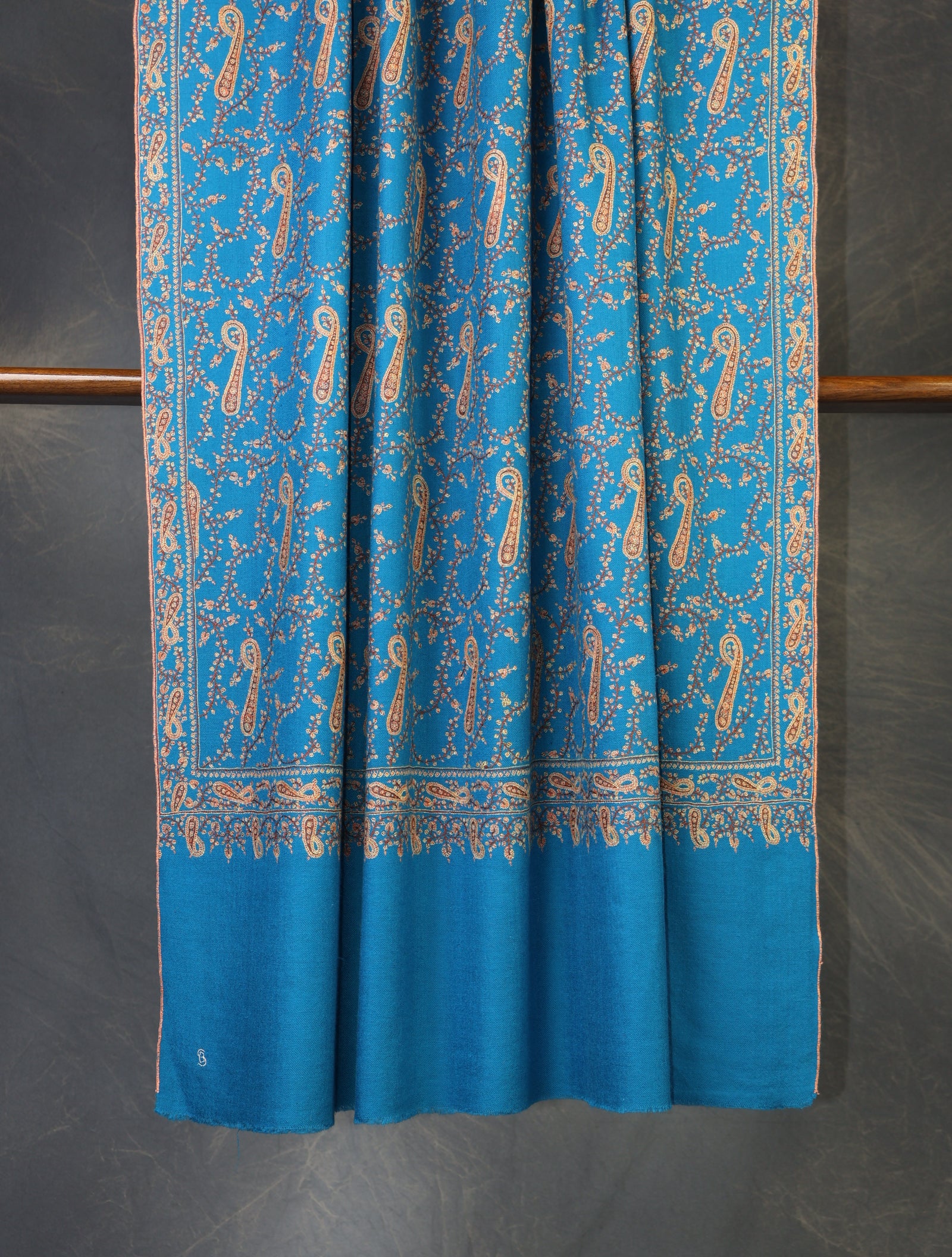 Dodger Blue Jali Embroidery Cashmere Pashmina Shawl