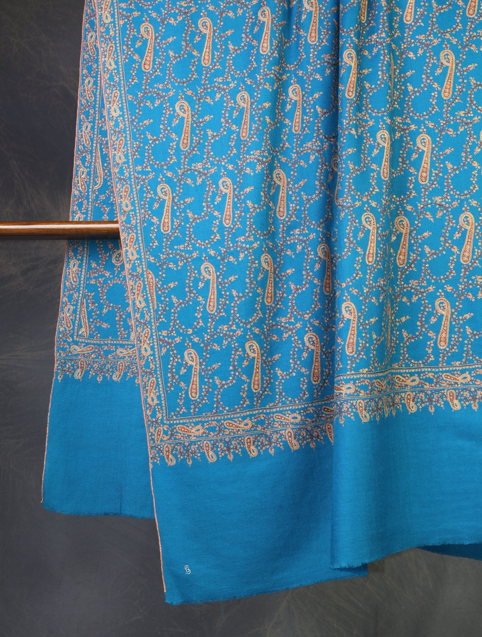 Dodger Blue Jali Embroidery Cashmere Pashmina Shawl